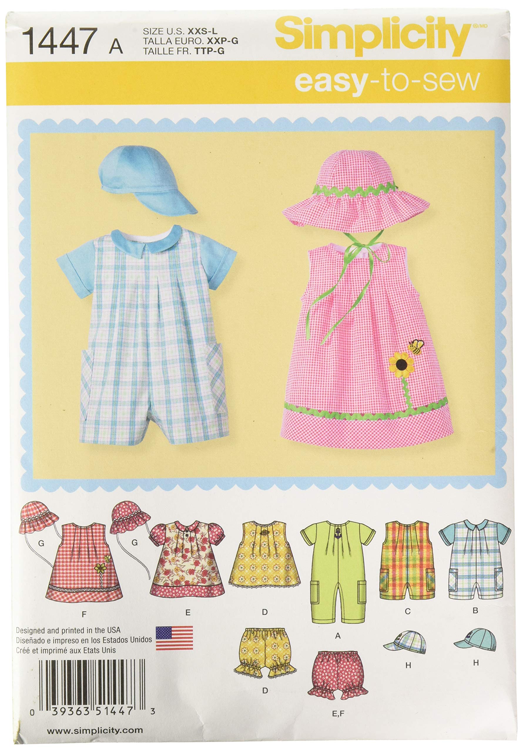 Simplicity Sewing Pattern 1447: Babies' Romper, Dress, Top, Panties and Hats, Size A, Paper, White, A (XXS-XS-S-M-L)