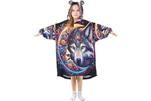 Kid Wearable Blanket Teens Girls Sherpa Sweater Boys Hoodie Oversized Sweatshirt Cool Wolf Colorful Anime