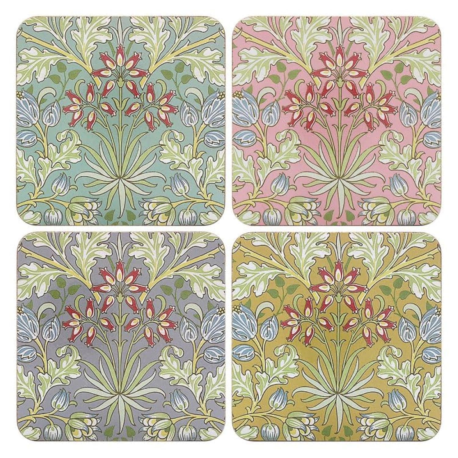 LESSER & PAVEY Set of 4 Hyacinth Cork Coasters Assorted Colours Floral Flowers Design Theme