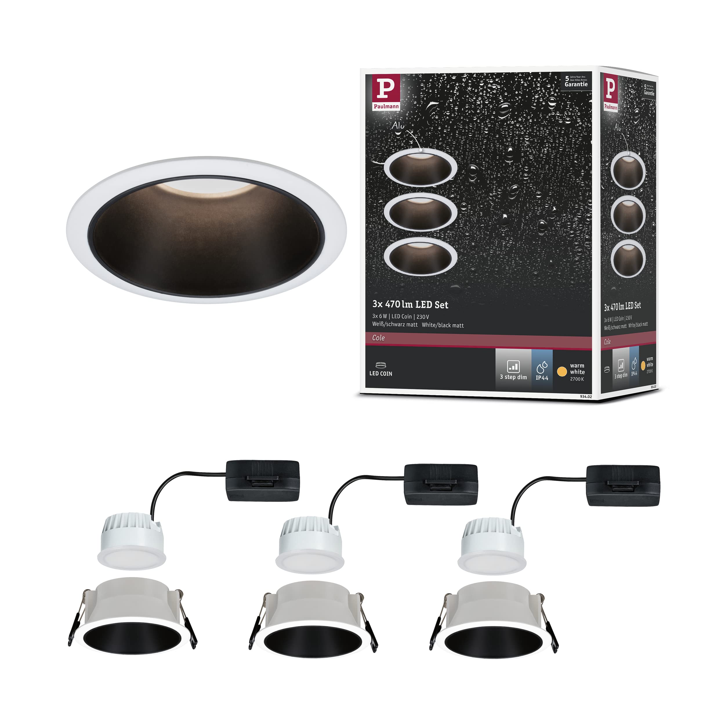 Paulmann 93402 LED Cole recessed luminaire Round incl. 3x6.5 watt dimmable recessed Spotlight White, Black matt recessed lamp Plastic, Aluminium zinc Ceiling spot 2700 K