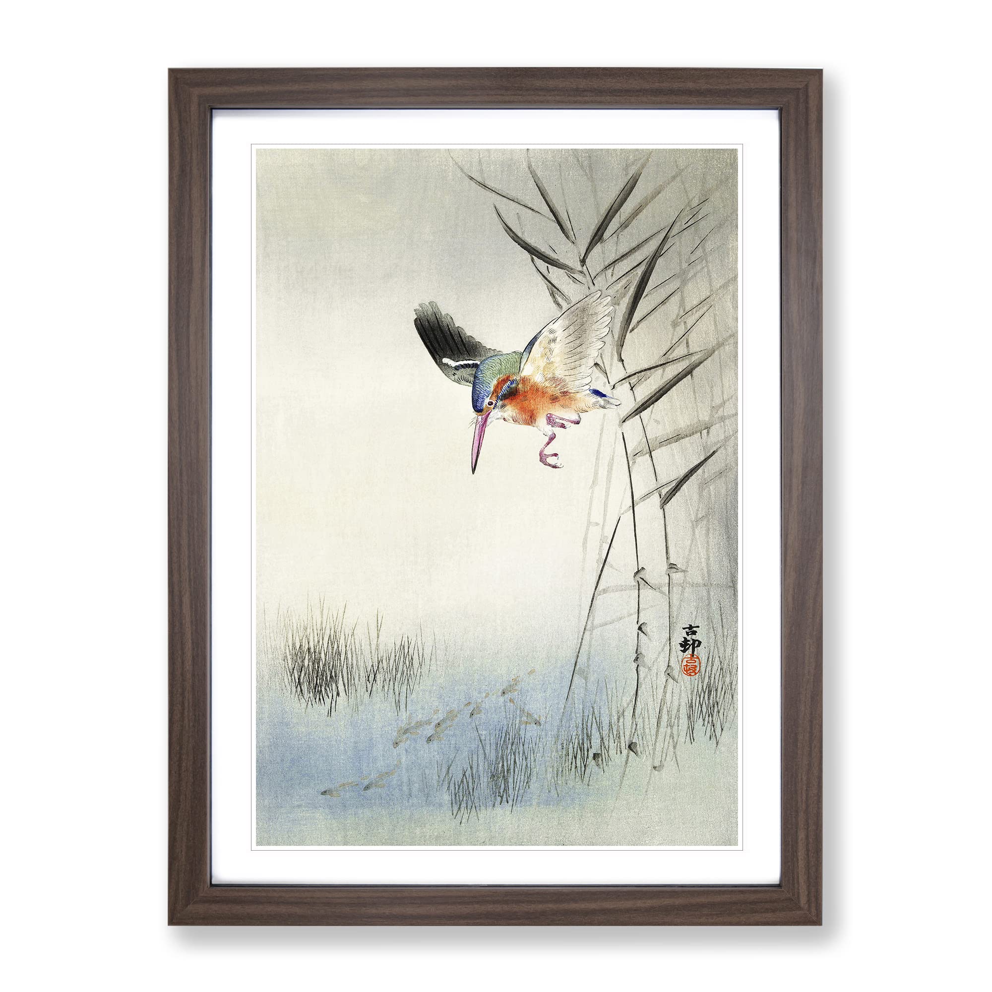 Hunting Kingfisher By Ohara Koson Asian Japanese Framed Wall Art Print, Ready to Hang Picture for Living Room Bedroom Home Office Décor, Walnut A4 (34 x 25 cm)