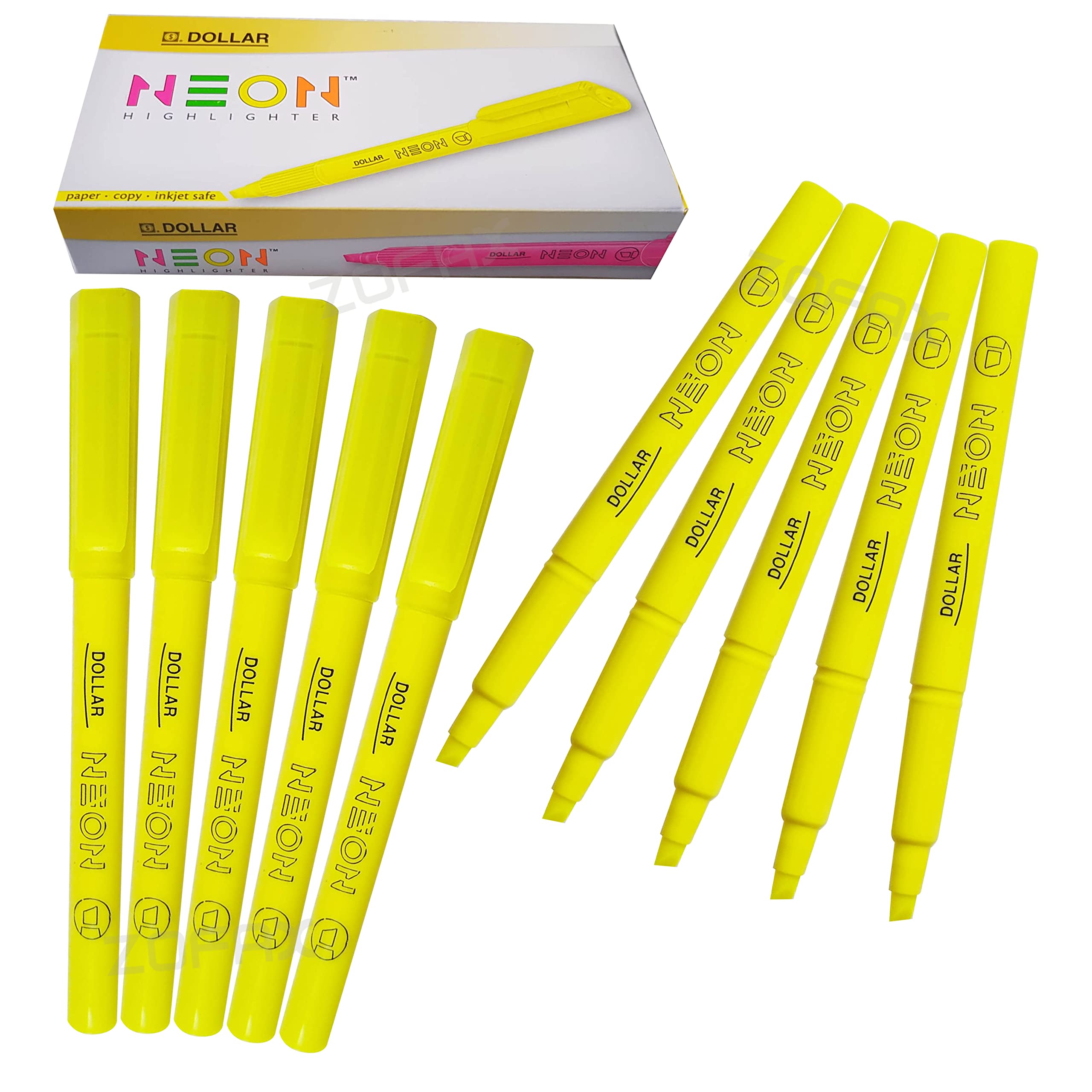 Pen-S Fluorescent Highlighter Pens, YELLOW, Chisel Tip, 1-4mm Lines, Pack of 10, Multipack, Quick Dry, School Office Home Highlighters, iVAIDEX Black Ball Pen
