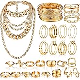 Tondiamo 40 Pcs Chunky Gold Jewelry Set for Women, 1 Multilayer 80s Punk Cuban Link Hip Hop Necklace, 16 Stackable Bangles and Bracelets, 8 Pairs Hoop Earrings, 15 Chunky Gold Rings for Women
