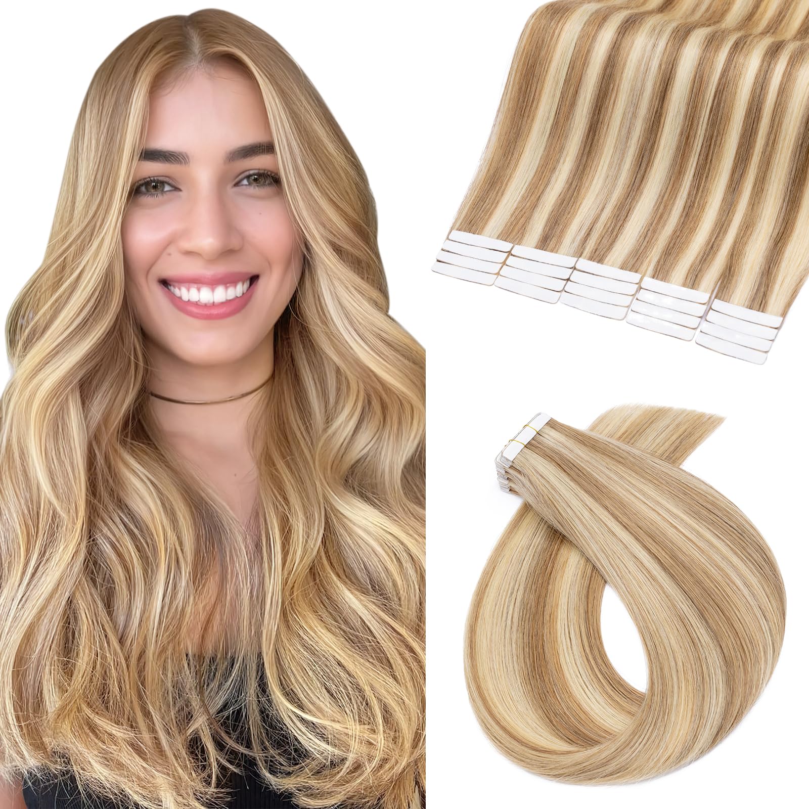 Photo 1 of Benehair Remy Tape in Hair Extensions Human Hair Golden Brown&Bleach Blonde Seamless Skin Weft Tape in Real Human Hair Extensions Straight Hair 18 Inch 30g #12P613 20 pcs