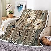Bzhilja Rustic Floral Throw Blankets, Elegant Daisy Flower Butterflies Cozy Warm Bed Couch Blanket, Farmhouse Barn Wood Vintage Fabric White Fleece Flannel Throws to Decorate The Room and Bedroom
