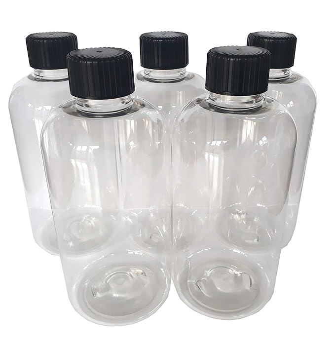 5 X 250ML Clear PET Empty Plastic Bottle with Black screw tops