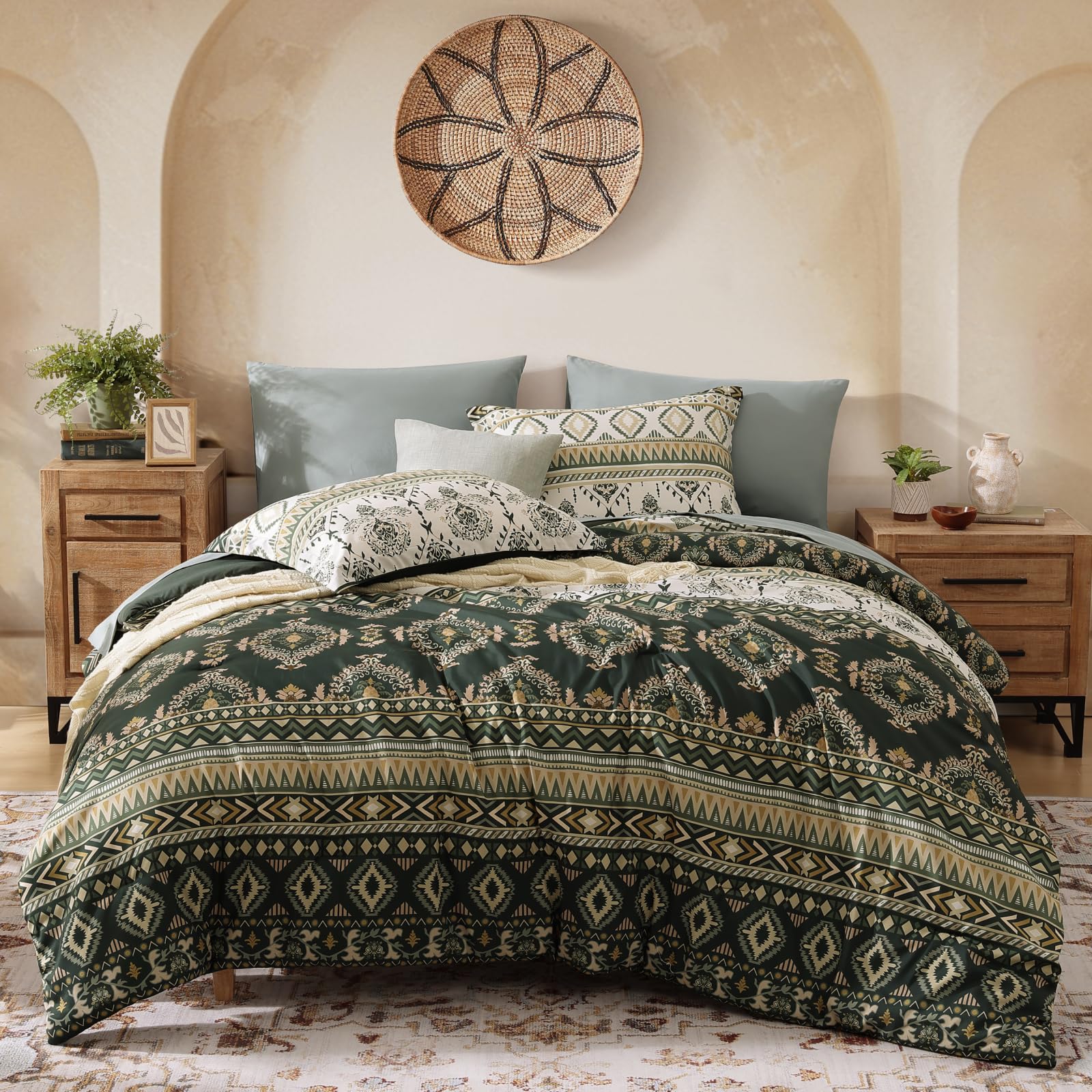 Photo 1 of CASAAGUSTO Queen Size Comforter Sets, 7 PCS Olive Green Boho Comforter Queen Size, Bohemian Striped Queen Bed in A Bag Set, Soft Bedding Set for All Seasons(90"X90")