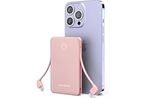 MIISSO 6000mah Ultra Slim Built in Cables Power Bank, Card Size Built in USB C Cords Battery Pack Portable Charger for Phones, 3 Output External Battery Pack Compatible with iPhone, Samsung, Google, Pink