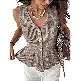 SweatyRocks Women's Button Down V Neck Sleeveless Ruffle Hem Sweater Vest Dressy Casual Knitted Peplum Tops