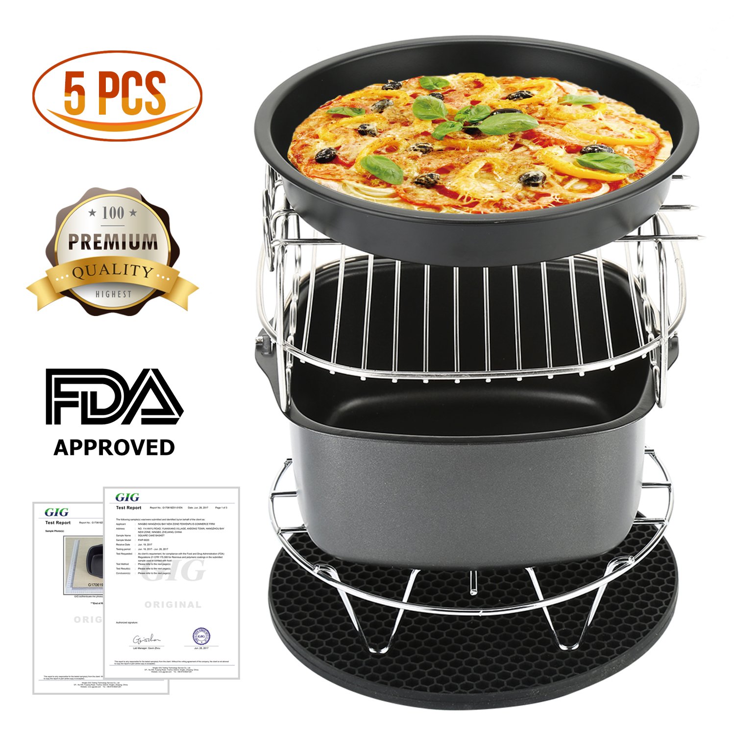 Air Fryer Accessories, Air Fryer Parts for Phillips and Gowise Deep Hot Air Fryer, Complete Air Fryer Accessories with Cake Barrel, Pizza Pan, Silicone Mat, Skewer Rack, Metal Holder Included.
