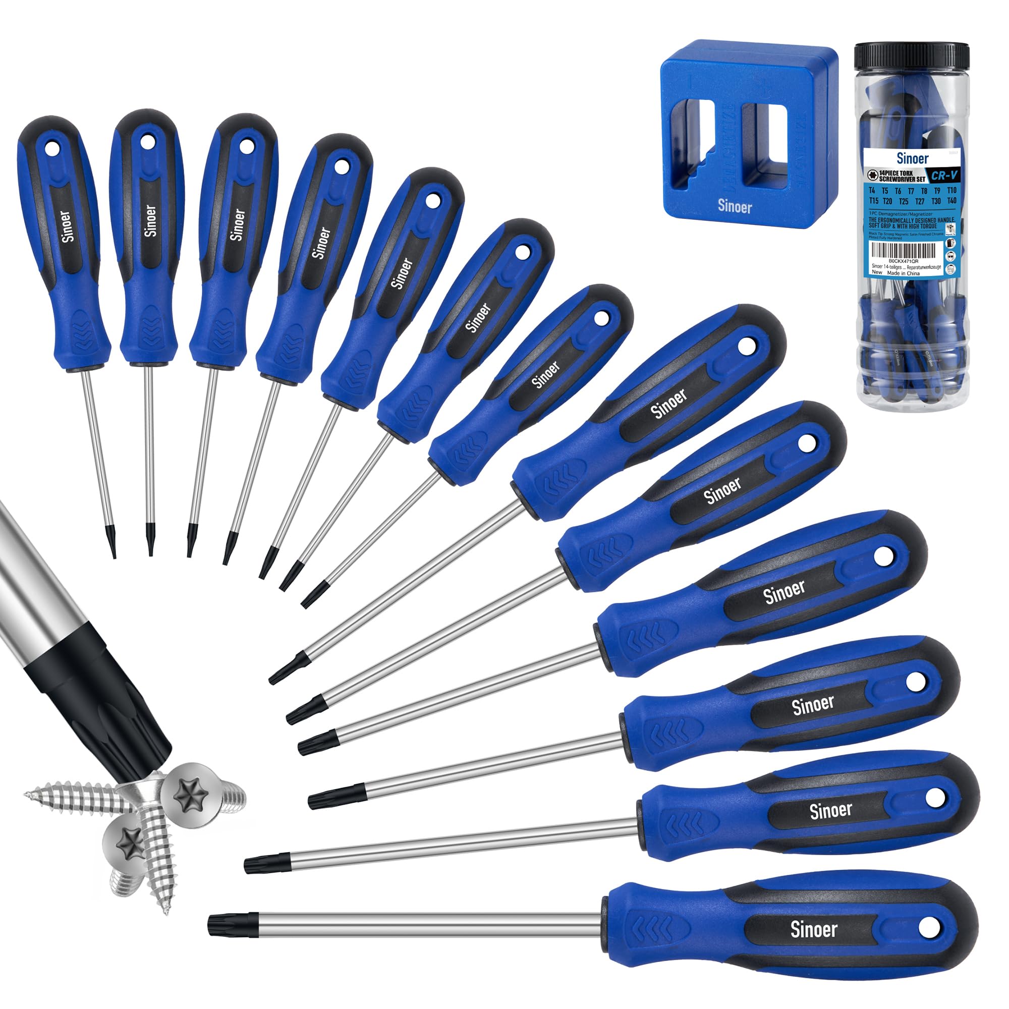 Sinoer 14-Piece Magnetic Torx Screwdrivers Set，Chromium Vanadium Steel，T4 - T40Magnetic Torx Driver Star Screwdrivers Set ，Professional Grade Repair Tools