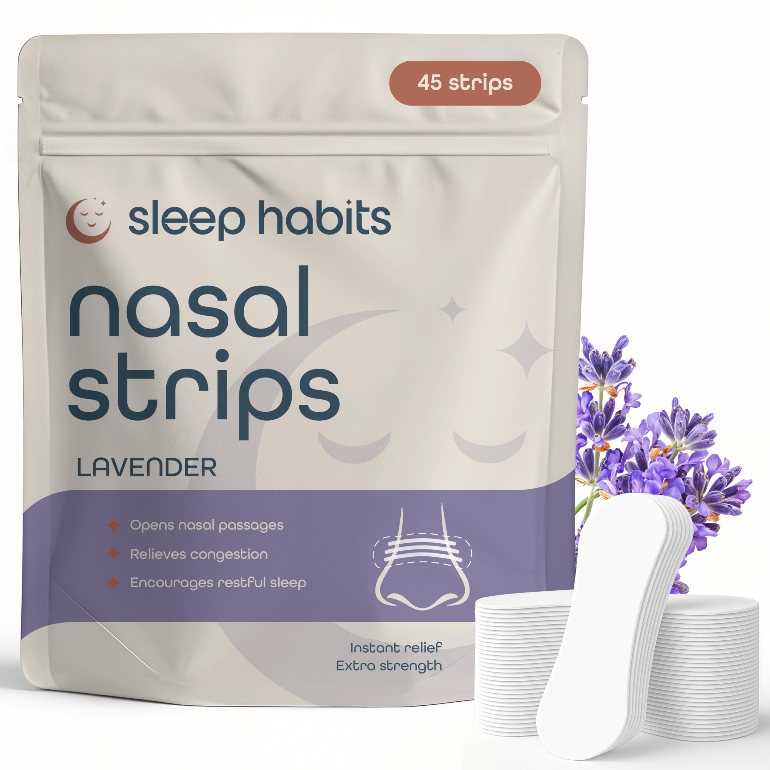 Photo 1 of SleepHabits 45PC Breathing Strips, Non-Toxic 3rd Party Tested Nose Strips for Breathing | Nasal Strips for Snoring Solution | Extra Strength for Sensitive Skin | Nasal Strips for Sleeping, Lavender