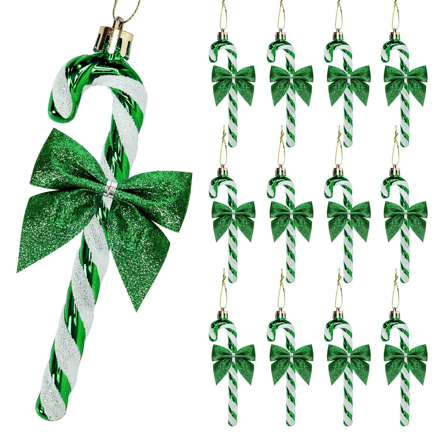 12 Pcs Candy Cane Christmas Decorations,5.5inch Glitter Candy Cane Bows for Xmas Tree Hanging Ornament Holiday Festival Party Home Decoration (Green)