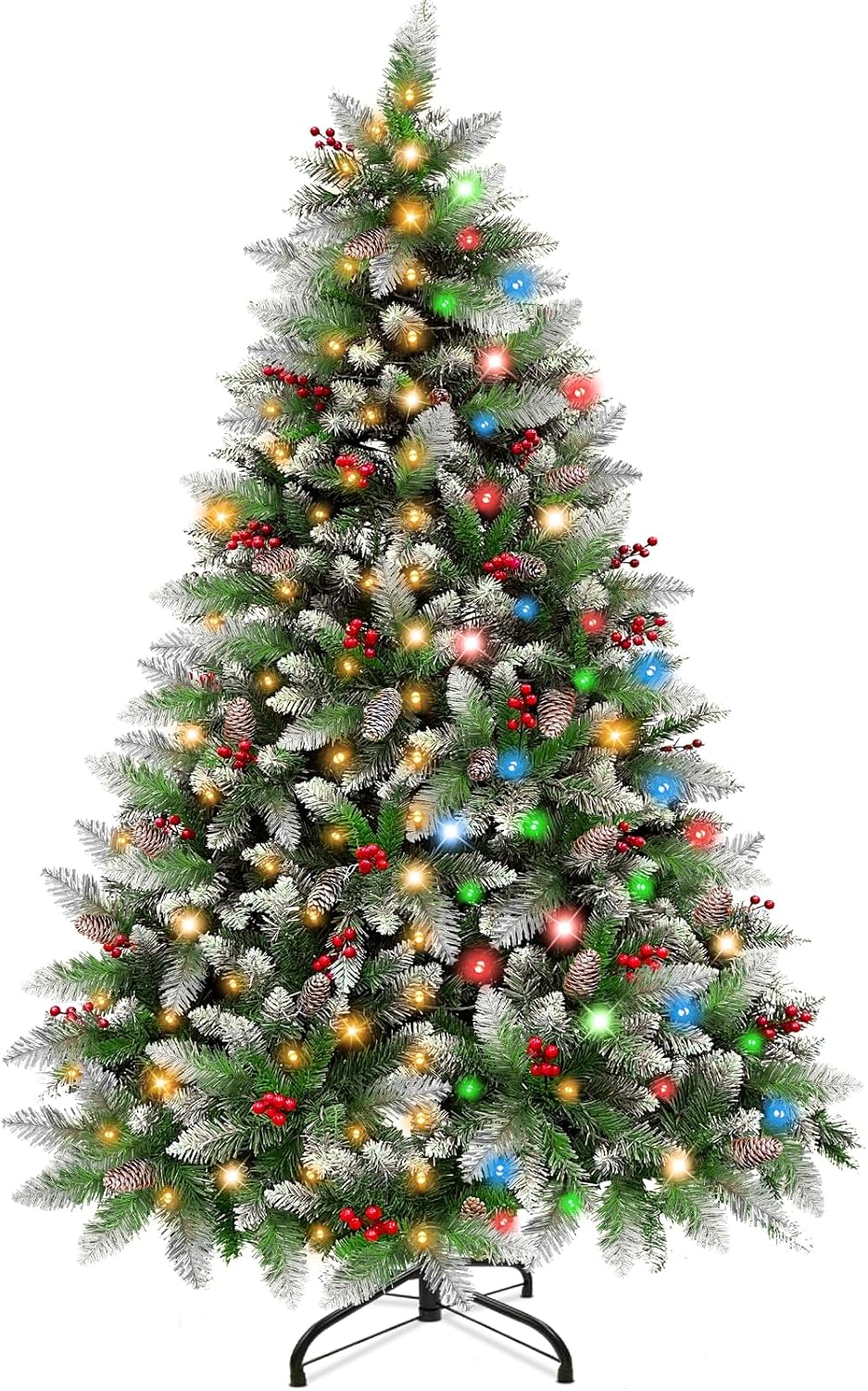 Trees - 11 Modes Change Lights - 6 Ft Prelit Christmas Tree Snow Flocked Artificial Full Tree Pinecone Red Berries, Warm White/Multicolor Lights Hinged Tree Christmas Decoration Indoor Outdoor Xmas Holiday