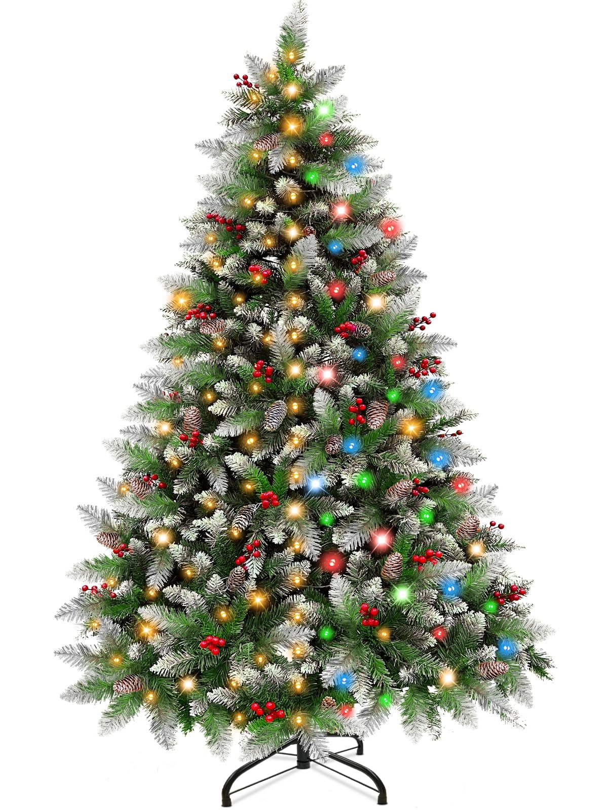 Photo 1 of TURNMEON 6 Ft Prelit Artificial Christmas Tree 350 Color-Changing Lights Warm White & Colorful Snow Flocked Full Tree Pinecone Red Berries Hinged Tree Christmas Decoration Indoor Outdoor Xmas Holiday