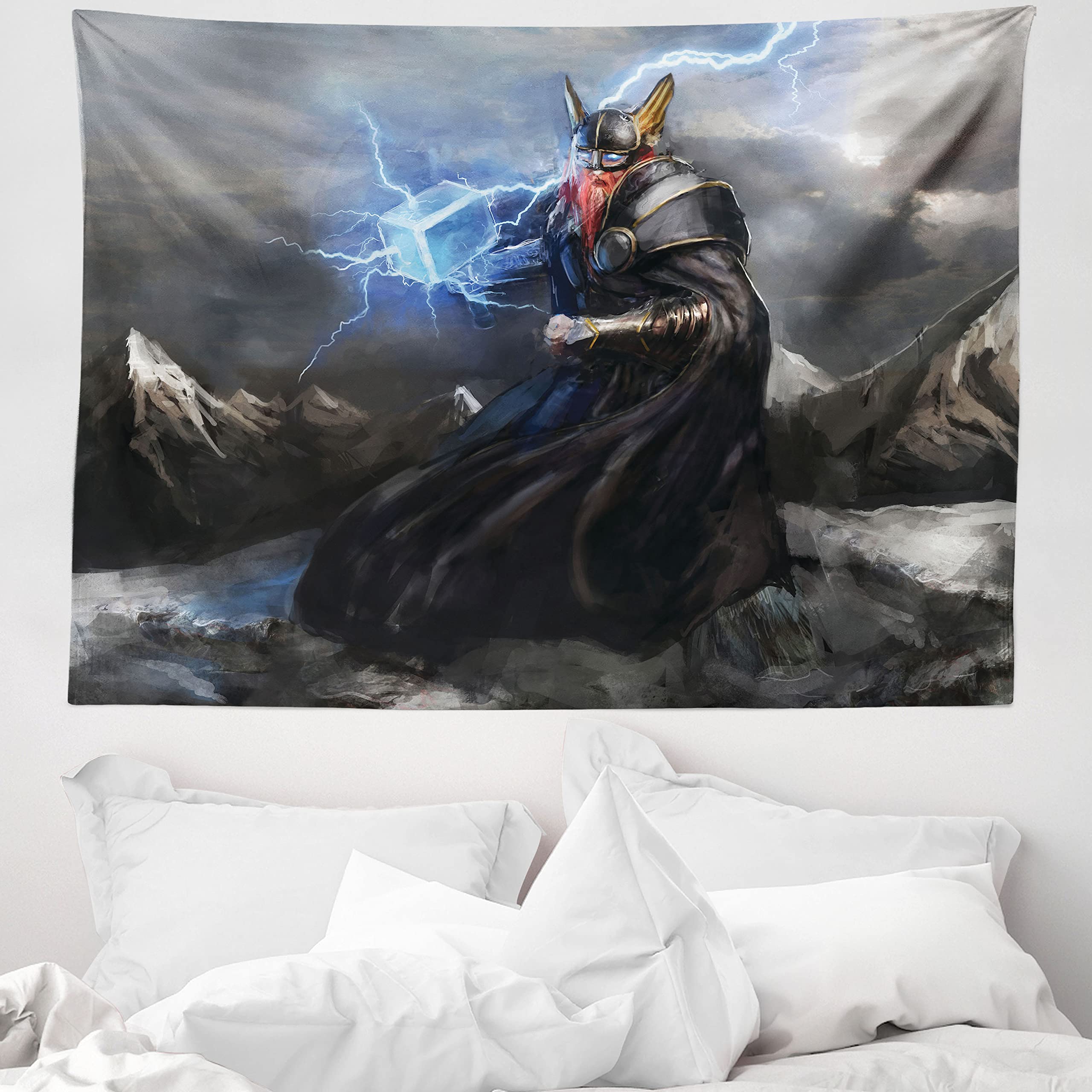 ABAKUHAUS Viking Tapestry, Thor Mjölnir and Thunder Made of Soft Microfiber Fabric Washable without Fading Digital Printing, 150 x 110 cm, Gray