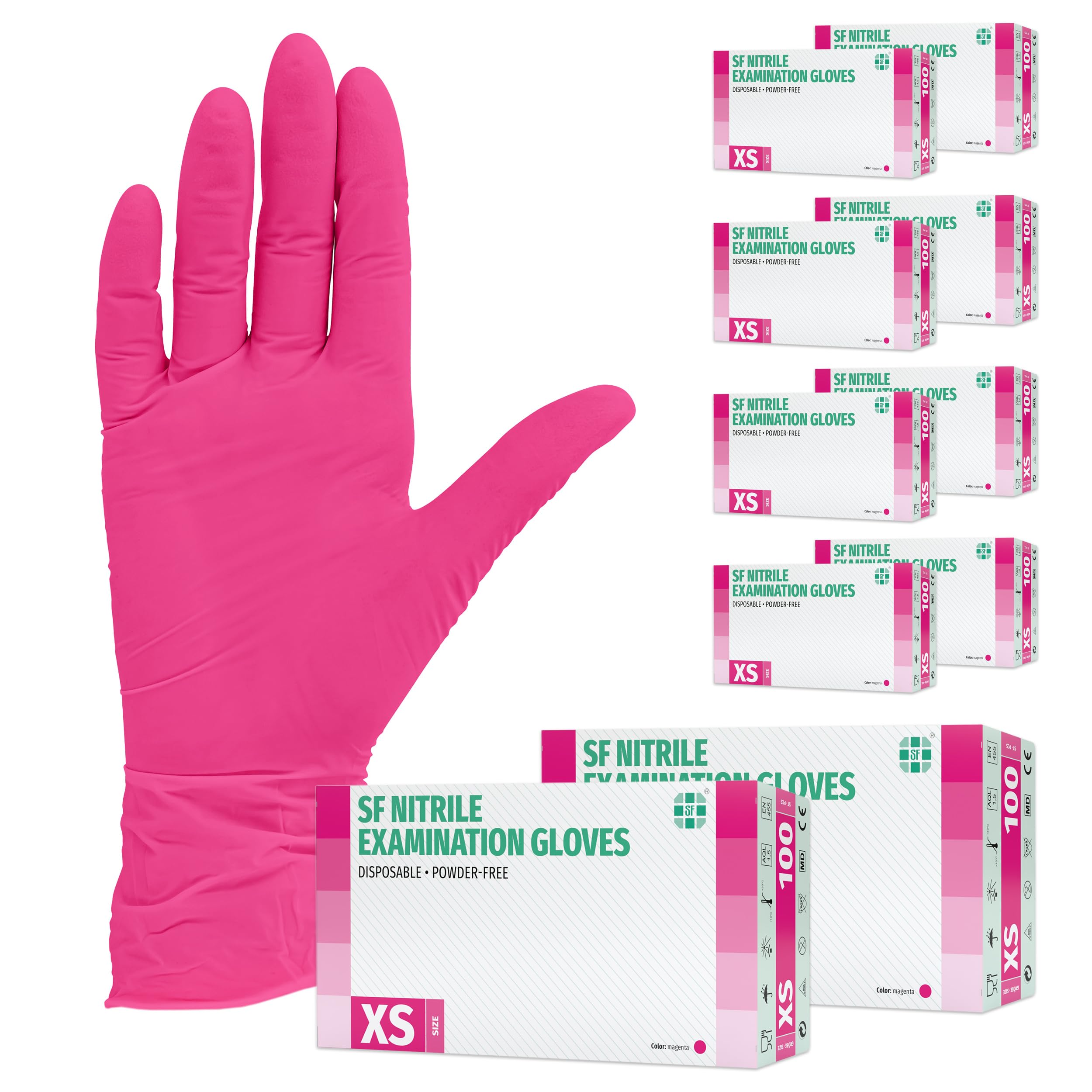 Nitrile Gloves 1000 Pieces 10 Boxes (XS, Magenta) Disposable Examination Gloves, Powder Free, Latex Free, Non Sterile, Medical, Tattoo, Cleaning, Food, Single