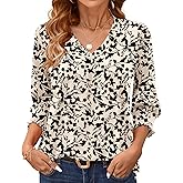 AKEWEI 3/4 Length Sleeve Womens Tops Summer Fashion V Neck Business Casual Blouses Smocked Shirts