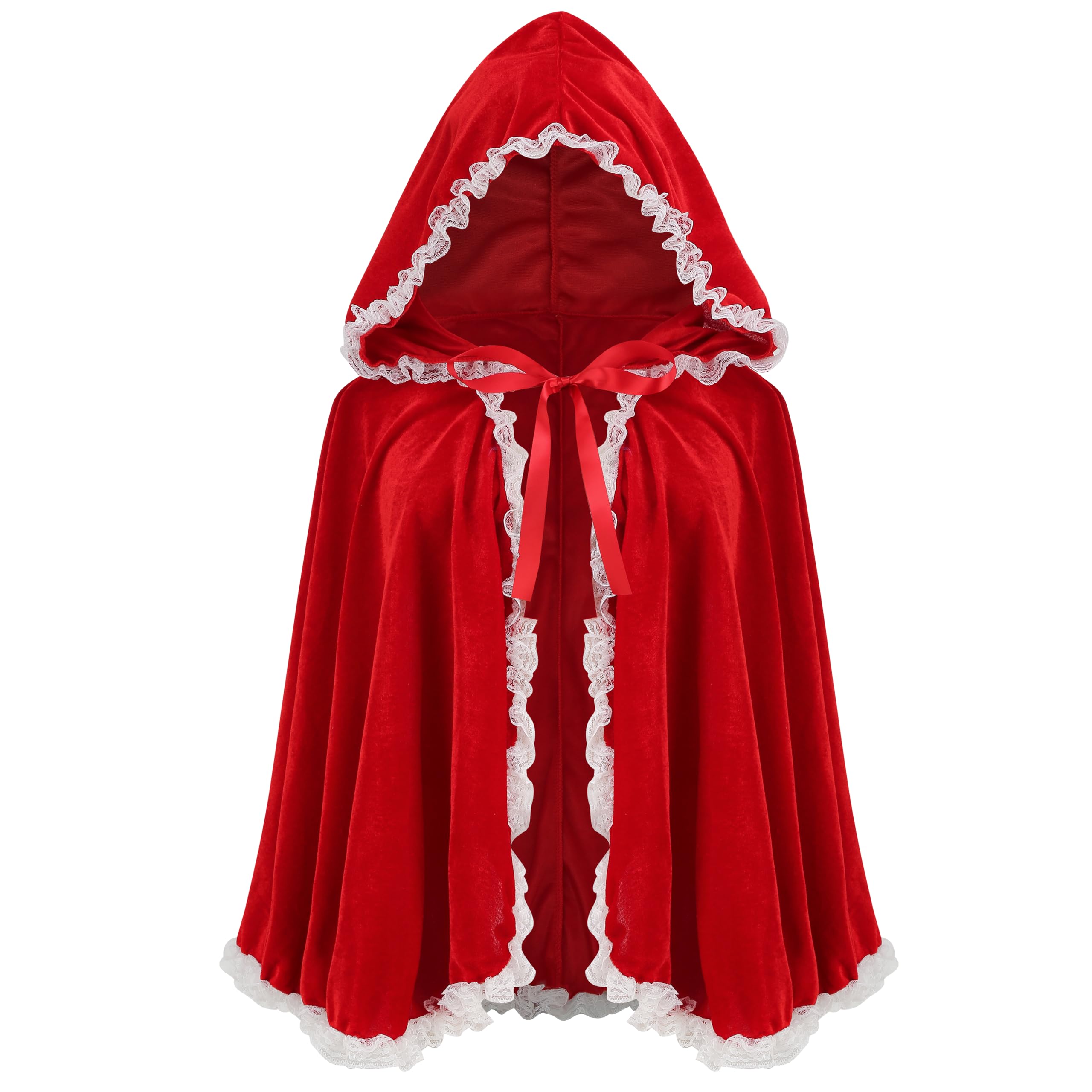 maxToonrain Red Riding Hood Cape Hooded Red Cape Cloak Adult Velvet Little Riding Hood Costumes Fairytale Character Halloween World Book Day Outfit for Women (White Lace Trim,65cm)