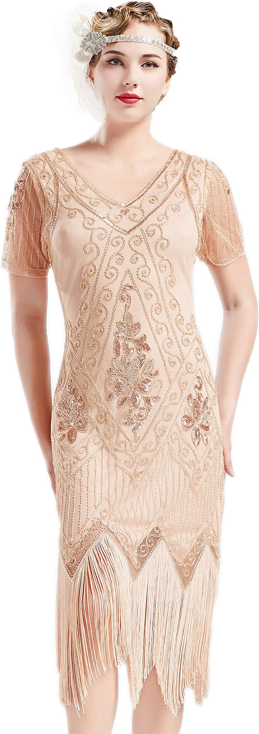 ArtiDeco 1920s Flapper Fringed Sequin Dress Roaring 20s Fancy Dress Gatsby Costume Dress V Neck Vintage Beaded Evening Dress