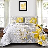 Luxudecor Floral Quilt Set Queen Size 3 Pieces Yellow Flower Bedspread with Pillow Shams Lightweight Soft Microfiber Bed Cover for All Seasons 96"x90"