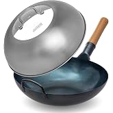 YOSUKATA Flat Bottom Wok Pan - 13.5" Blue Carbon Steel Wok With Lid 12.8 Inch - Premium Stainless Pan Cover with Tempered Glass Insert Steam Holes and Ergonomic Handle