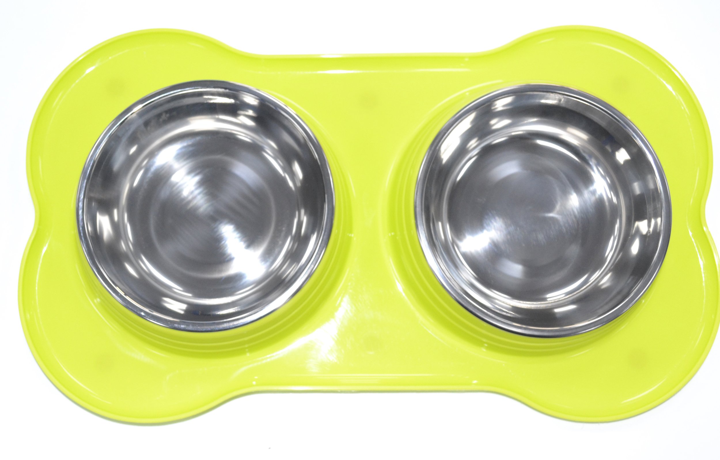 DOUBLE PET FEEDING STAINLESS STEEL BOWL WITH DOUBLE PLASTIC PET FEEDER DOG/CAT/ANY SMALL ANIMAL FOOD/WATER DISH (Green)