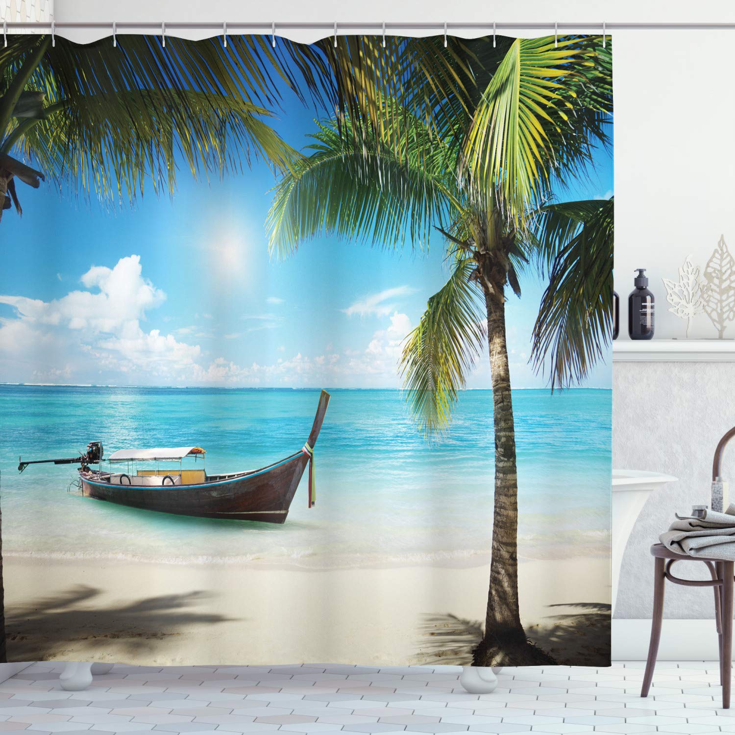 ABAKUHAUS Nautical Shower Curtain, Small Boat in the Atlantic Ocean Dominican Sunny Sea and Palm Trees Image, Cloth Fabric Bathroom Decor Set with Hooks, 86 Inches Extra Long, Aqua Coconut Green — image 1
