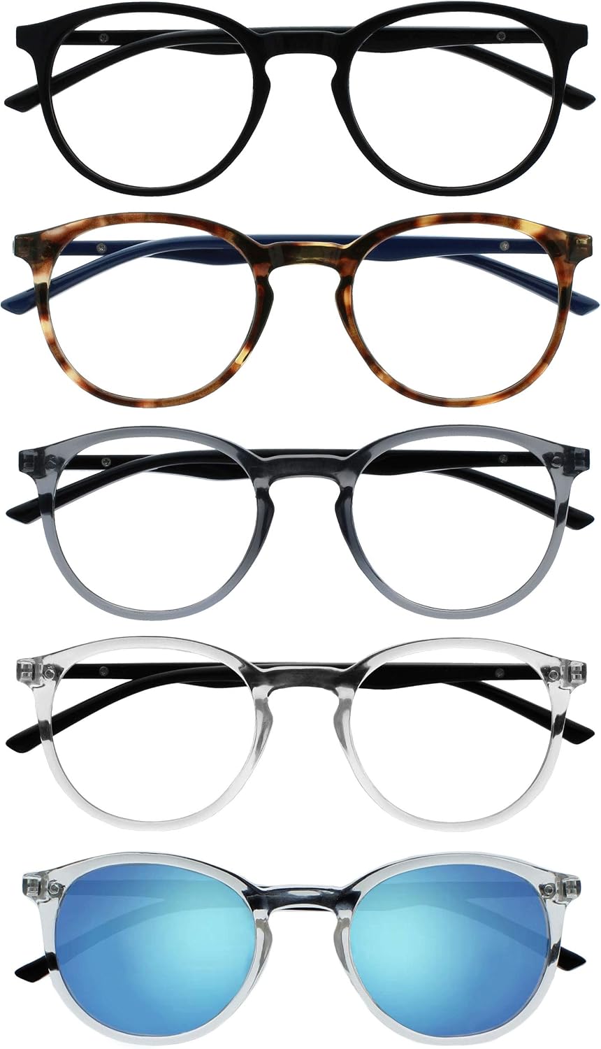 OPULIZE MET Reading Glasses and Reading SunGlasses for Women Men Round Frame, Black,Brown,Grey,Clear,Clear Sun +1 (Pack of 5)