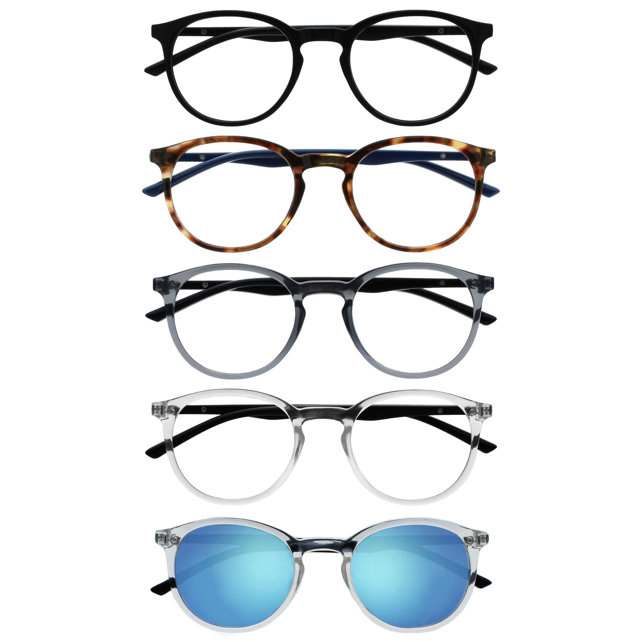 OPULIZE MET Reading Glasses and Reading SunGlasses for Women Men, Round Frame, Black,Brown,Grey,Clear,Clear Sun +1.5 (Pack of 5)