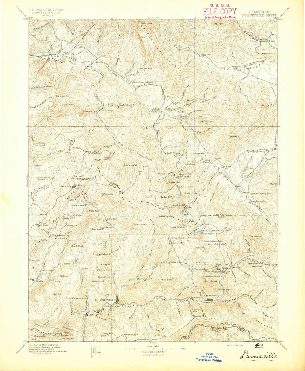 YellowMaps Downieville CA topo map, 1:125000 Scale, 30 X 30 Minute, Historical, 1895, Updated 1895, 20.1 x 16.5 in