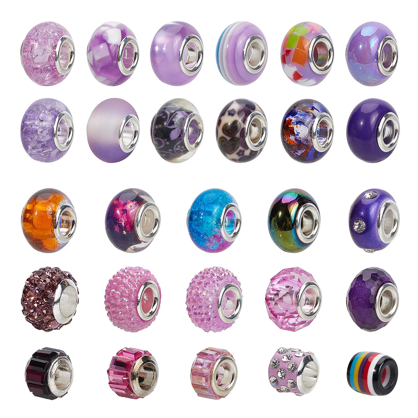 NBEADS 54 Pcs Mixed Style and Colors Rhinestone European Beads, Large Hole Charms Beads with Silver Color Core for DIY Crafts Jewelry Making
