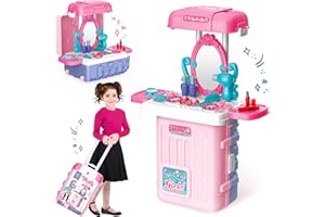 SMILESSKIDDO Kids Makeup Vanity, 3 in 1 Toddler Vanity Makeup Table with Mirror and Pretend Play Makeup Accessories & Hair Dryer Toy, Girls Vanity for Toddlers 3-5