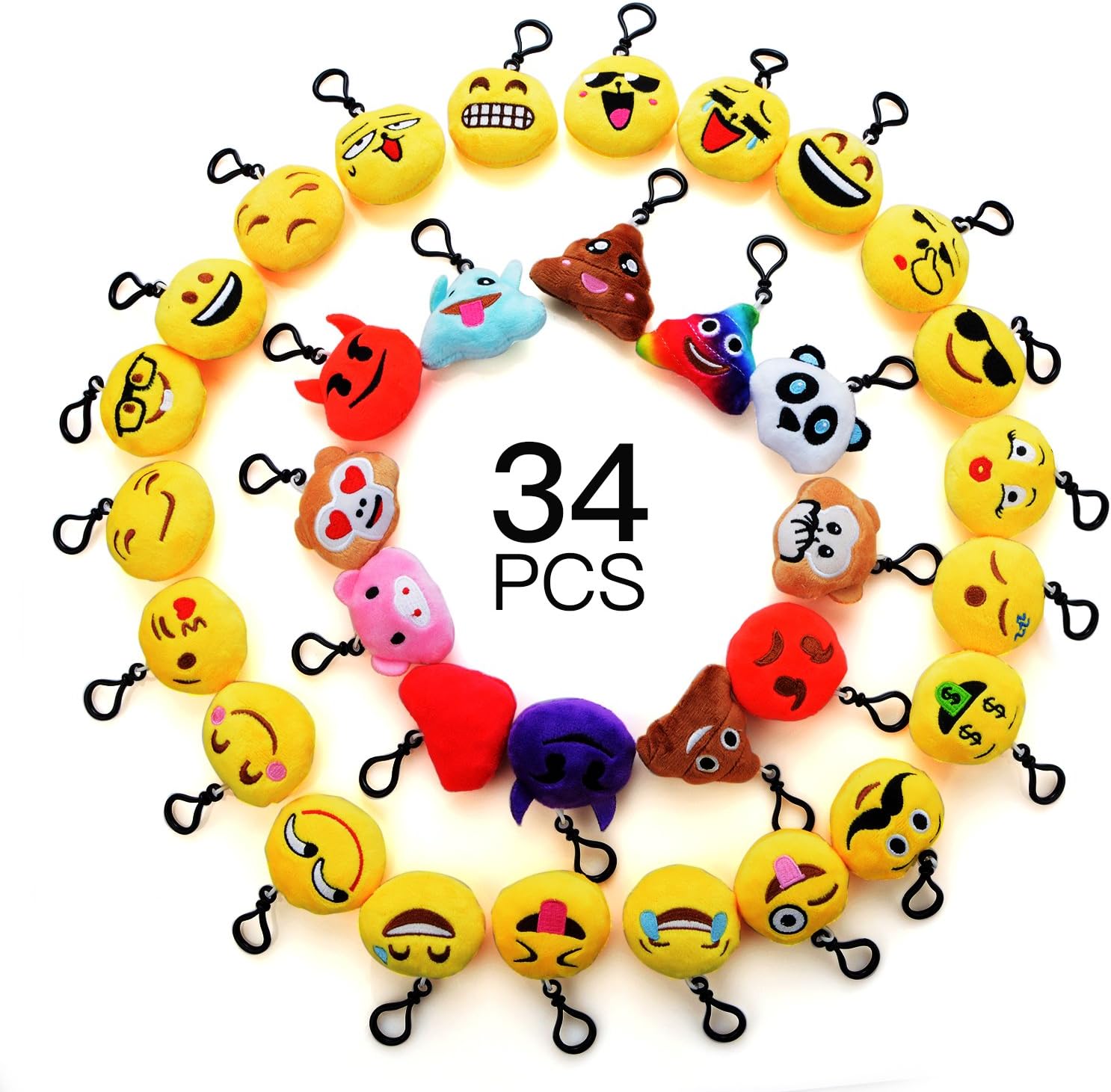 Skyoo Mini Emoji Keychain Lovely Emoji Plush Pillows Emoticon Key Ring Soft Party Bag Filler Toy Gift for Kids (34 pack)