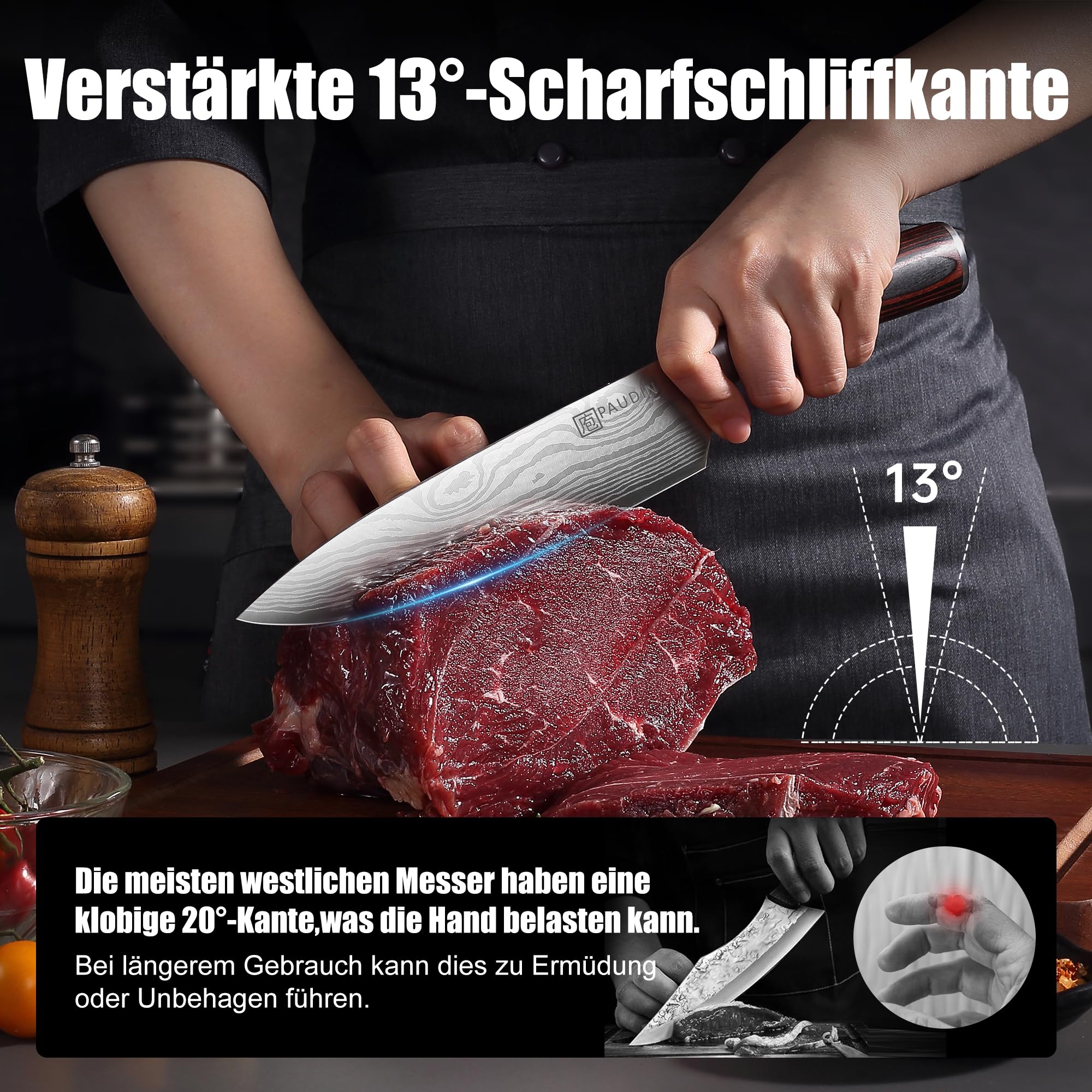 PAUDIN Kochmesser, Klingenlänge 20 cm Profi Küchenmesser Messer Chefmesser Allzweckmesser aus hochwertigem Carbon Edelstahl, Extra Scharfe Messerklinge mit ergonomischem Griff 2