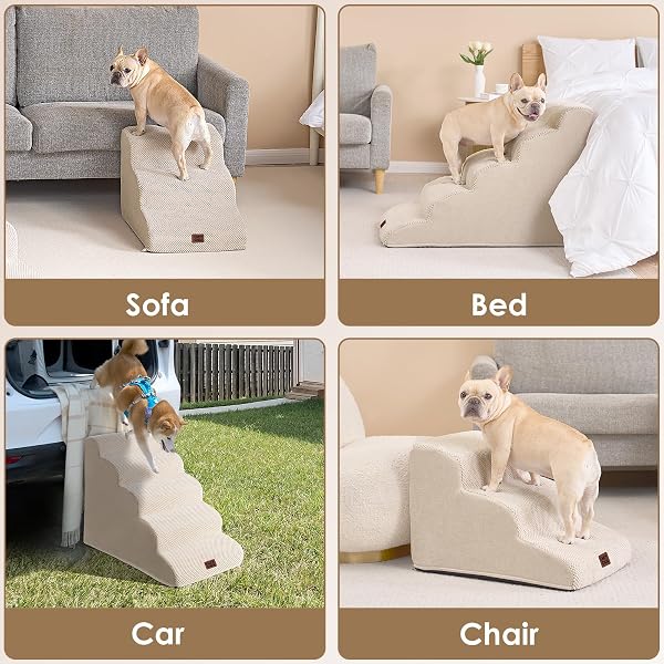 EHEYCIGA CURVED DOG STAIRS RAMP FOR HIGH BEDS 19.7″ H, 4-STEP DOG STEPS FOR SMALL DOGS AND CATS, PET STAIRS FOR HIGH BED CLIMBING, NON-SLIP BALANCED PET STEP INDOOR, BEIGE