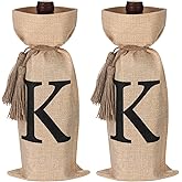 TWSANTAMAS 2 PCS Burlap Wine Bag, Monogram initial Wine Bottle Gift Bags with Tassels, Bottle Cover Holiday Party Decor Letter K