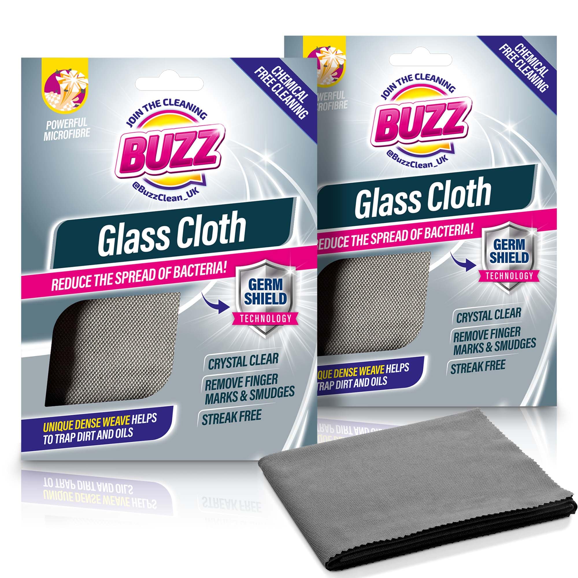 Buzz 2pk Glass Cloth with Germ Shield, 39cm x 49cm Glasses Cloth for Streak-Free Microfibre Cleaner, Multipurpose Durable Lens & Screen Cleaning, Crafted with Soft Material, Absorbs Oil & Dirt