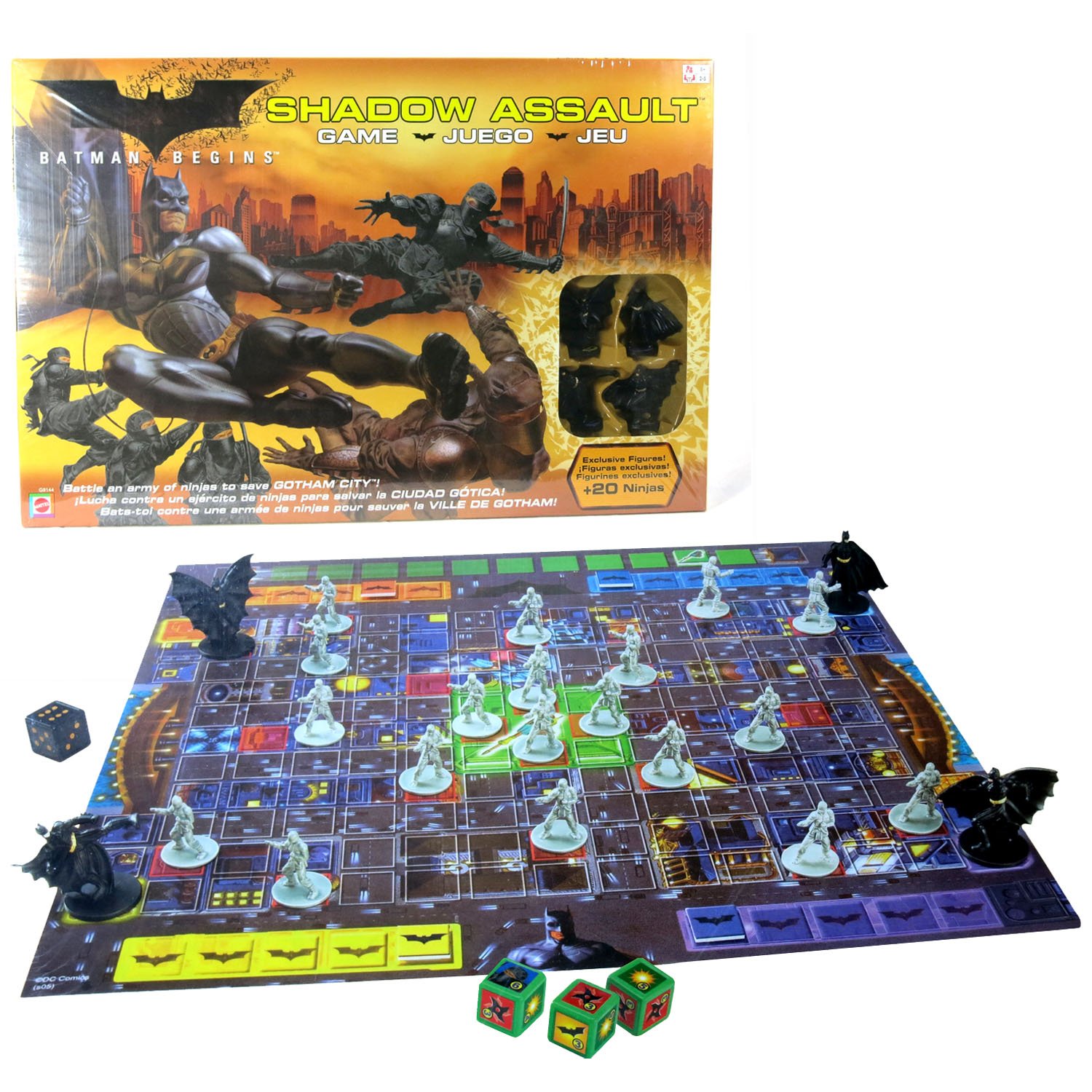 Year 2005 DC Comics Batman Begins Series Board Game Set - Shadow Assault with 4 Batman, 20 Ninja, 3 Green Dice, 1 Black Die & 5 Damage Marker