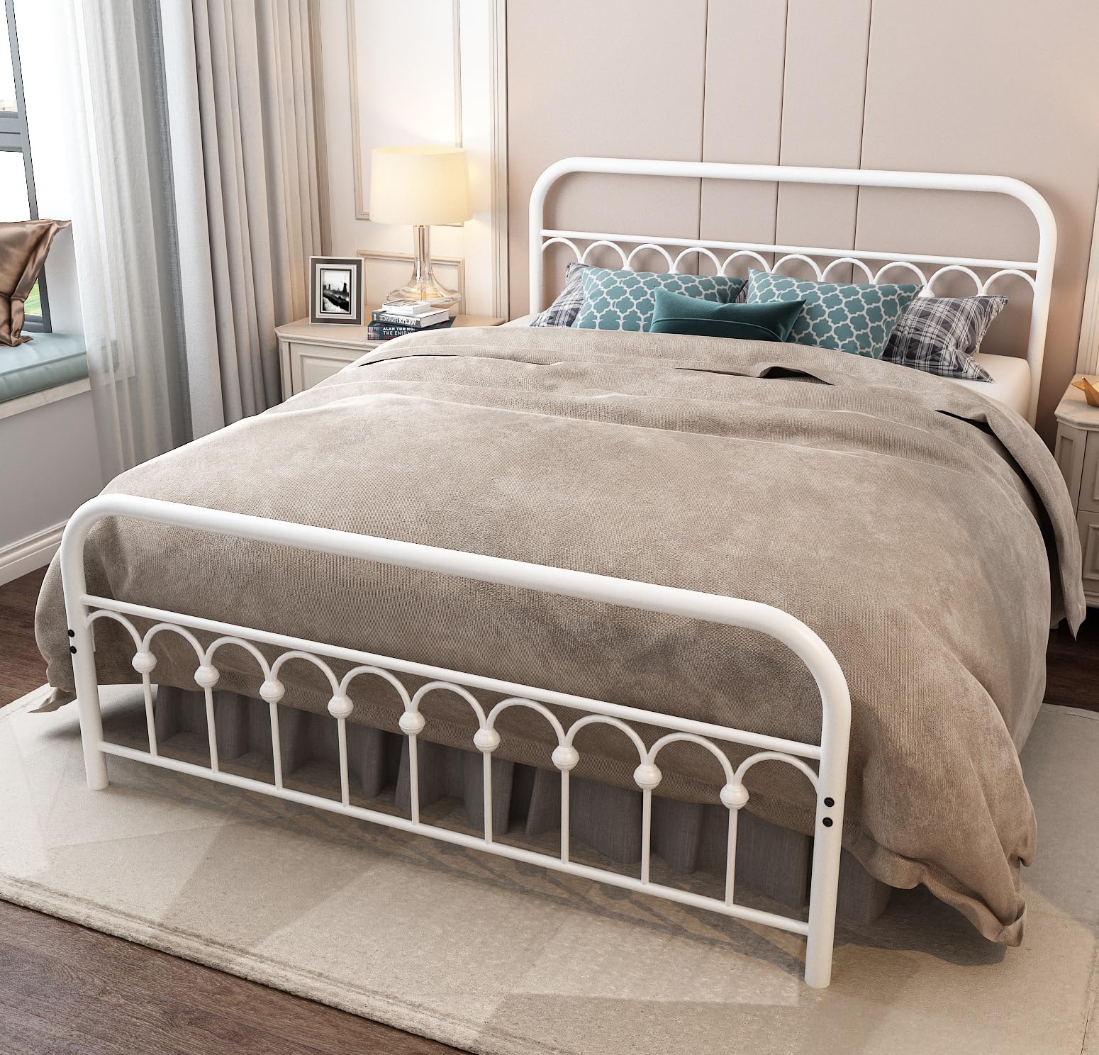 Photo 1 of YALAXON Vintage Sturdy Queen Size Metal Bed Frame with Headboard and Footboard Basic Bed Frame No Box Spring Needed (Queen,White)