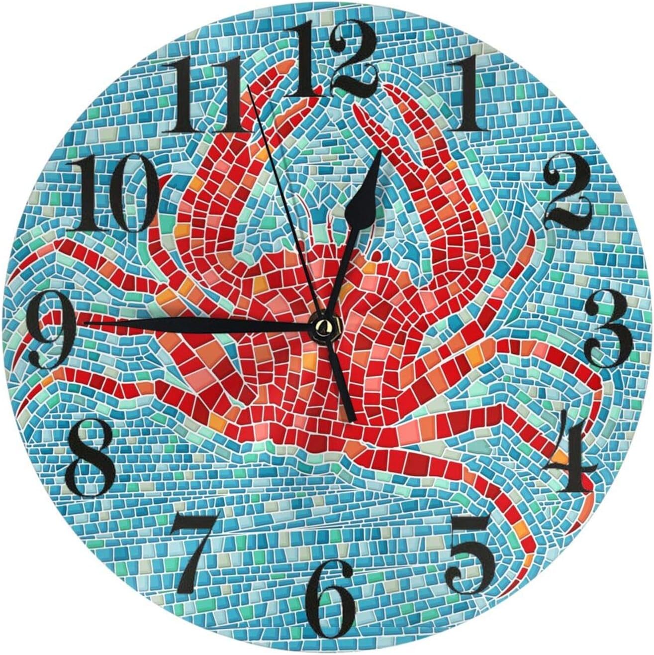 Abucaky Sea Crab Wall Clock Battery Operated Silent Non Ticking Mosaic Background Round Clock Ocean Theme Wall Decor for Home, Office, School 9.8 Inch
