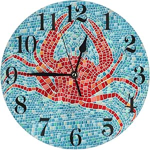 Abucaky Sea Crab Wall Clock Battery Operated Silent Non Ticking Mosaic Background Round Clock Ocean Theme Wall Decor for Home, Office, School 9.8 Inch