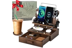 PARKWAY HOME Wood Phone Docking Station for up to 3 Phones - Nightstand Organizer with Drawer for Valuables for Men & Women, Compatible with Apple Watch, Holds Phones, Tablets, Keys, Rings, Glasses, Watches & EDC