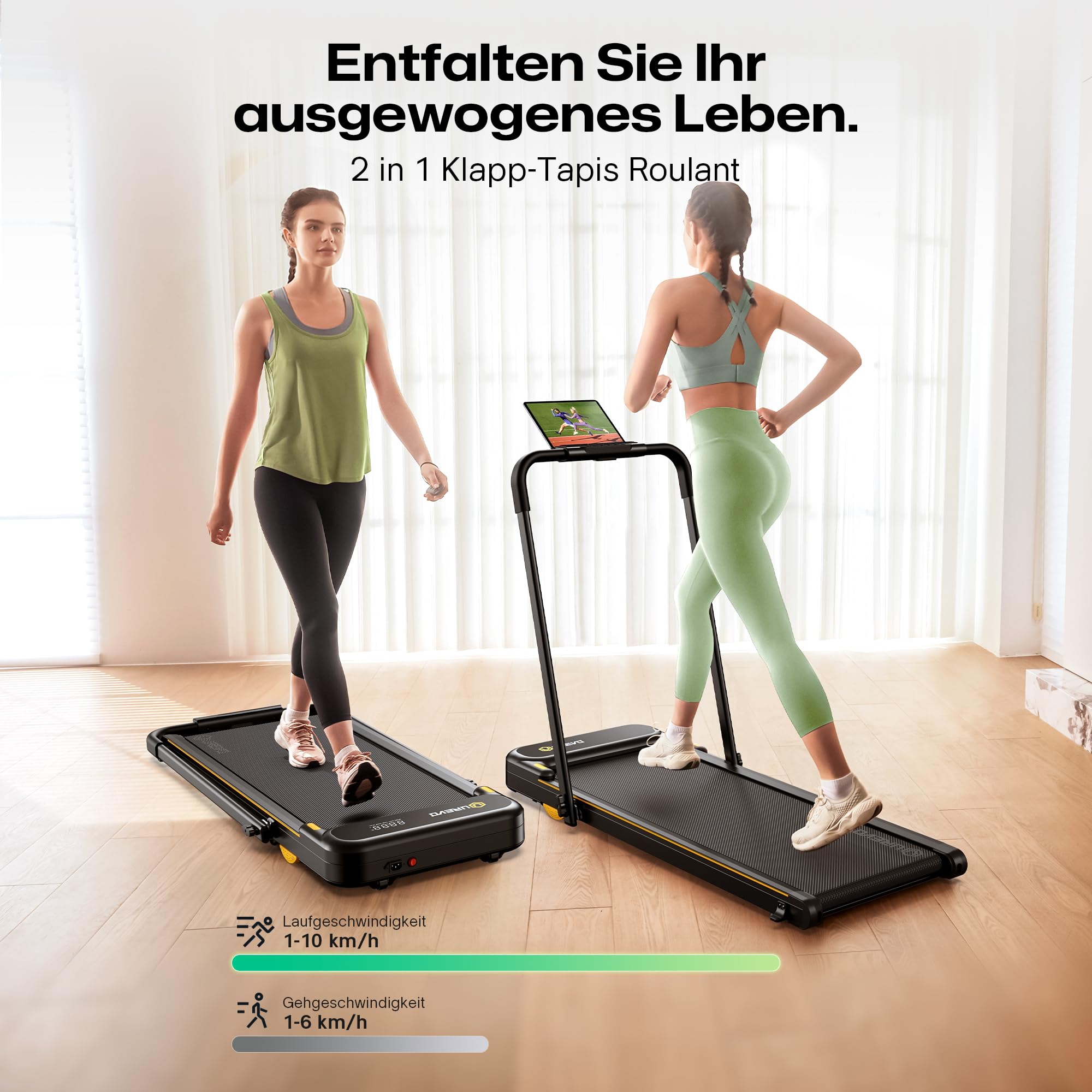 UREVO 2 in 1 Laufband für zuhause mit APP, Walking pad mit doppelter Stoßdämpfung, ‎1-10 km/h Laufband Klappbar mit Fernbedienung und LED-Anzeige 5