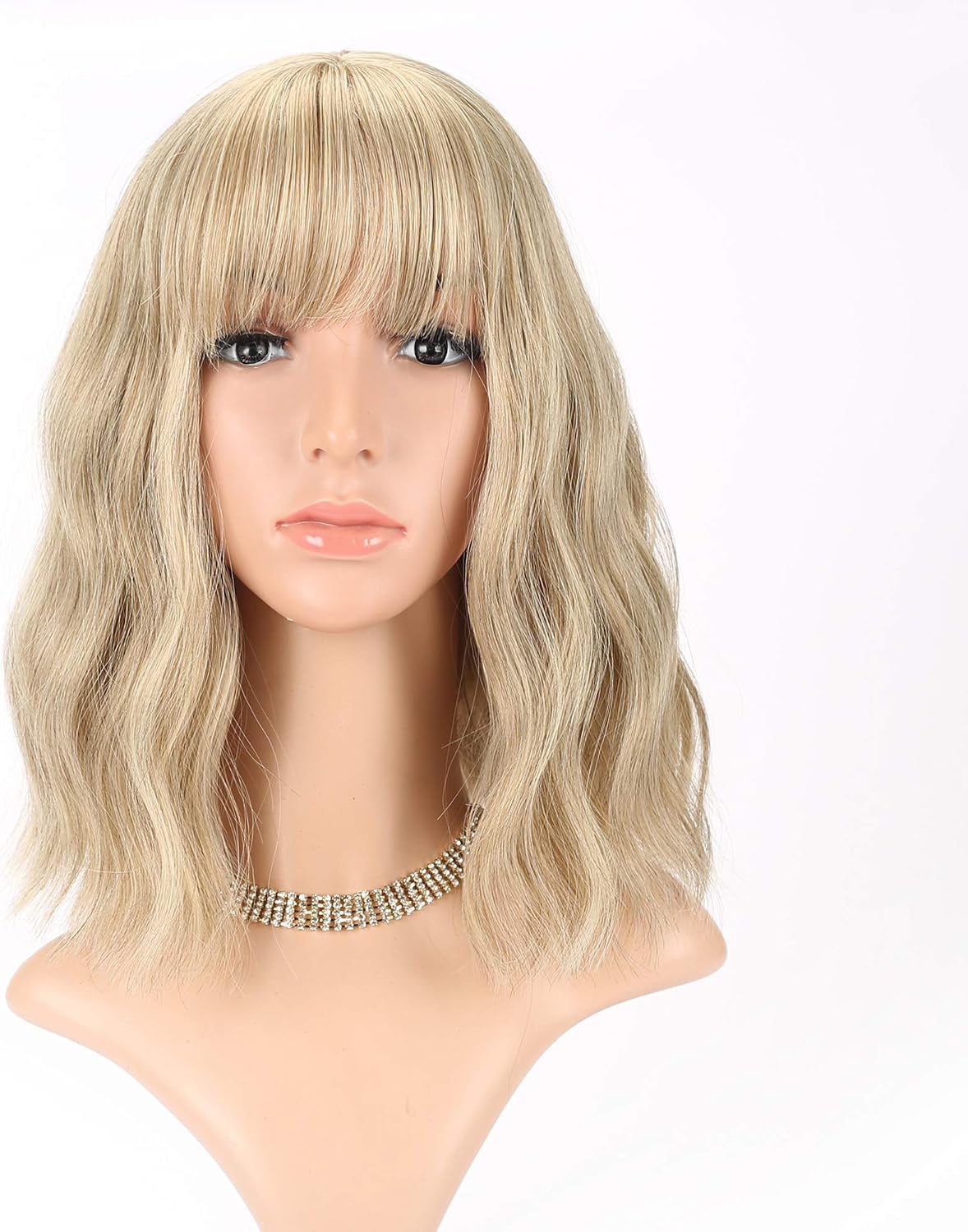 FAELBATY Blonde & Gold Bob Wig - Loose Wave, Air Bangs, Shoulder Length, Curly Wavy Synthetic, Mix Colors, 12" - Image 3