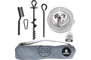 Heavy Duty Dog Tie Out Cable and Stake Set - 30ft Leash for Large Dogs, Cleaning Brush, Metal Carabiner, Lever Tool, Sturdy Spiral Stake - Dog Runner for Yard, Park, & Beach - Top Dog Pet Gear