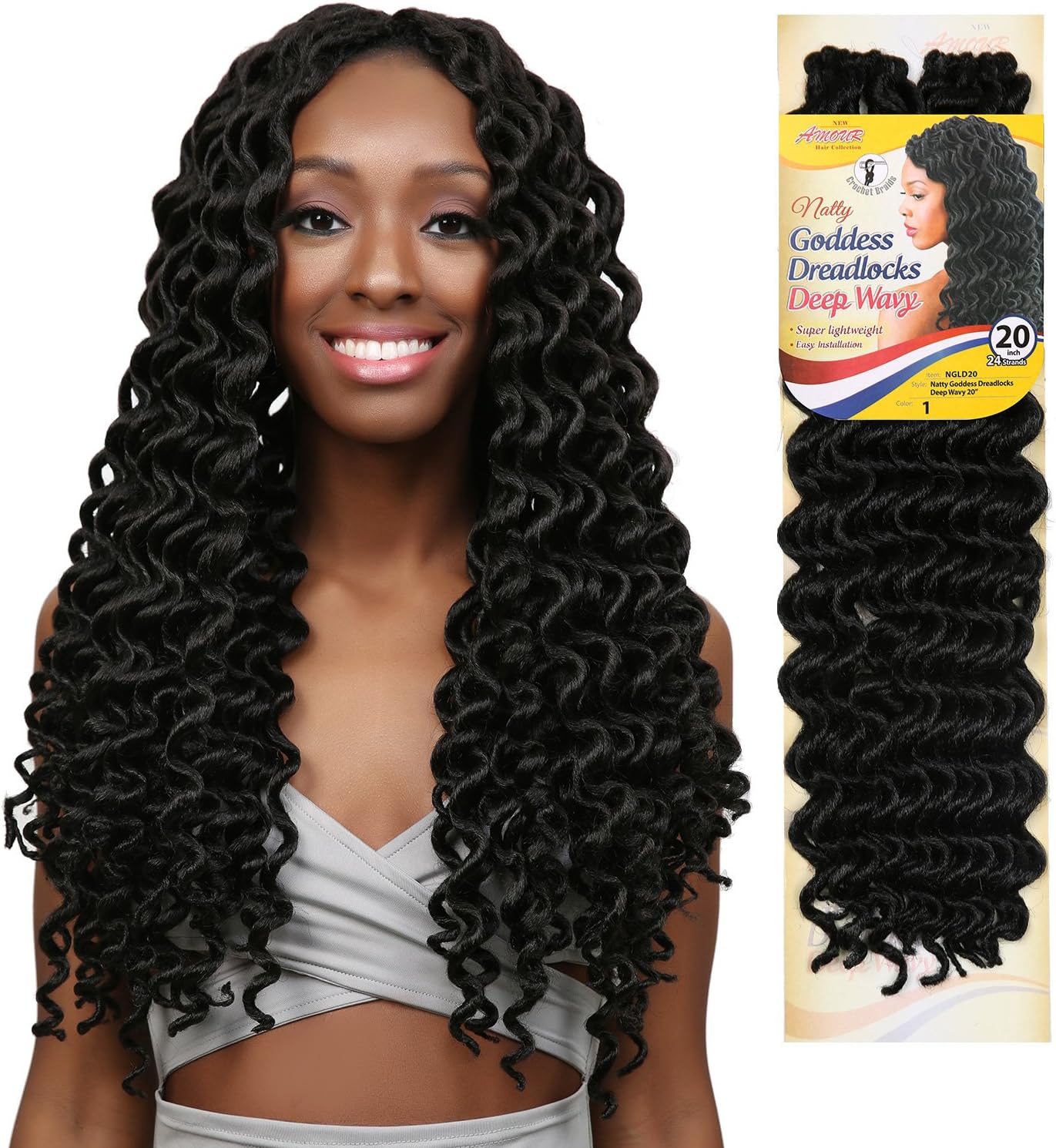 Amour Synthetic Kanekalon Crochet Braids Natty Goddess Dreadlocks Deep Wavy 16" (4-PACK, 1)
