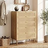 IDEALHOUSE Rattan 5 Drawer Dresser, 44''Tall Narrow Chest of Drawer, Farmhouse Wooden Vertical Dresser with Metal Legs and Handles, Modern Cabinet for Bedroom, Living Room, Oak