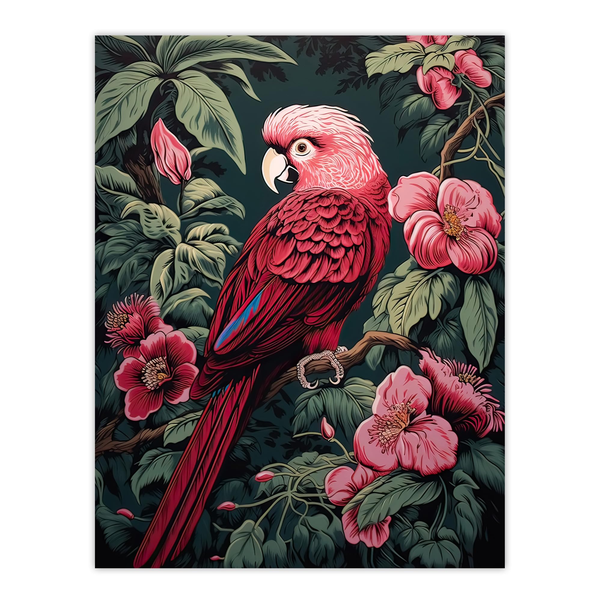 Artery8 Parrot on Blooming Flower Tree Branch Vintage Painting Burgundy Pink Green Jungle Bird Portrait Extra Large XL Wall Art Poster Print