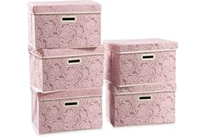 PRANDOM Collapsible Storage Boxes with Lids [5-Pack] Fabric Decorative Storage Bins Cubes Organizer Containers Baskets with Cover Handles Divider for Bedroom Closet Living Room Pink 14.9x9.8x9.8 Inch
